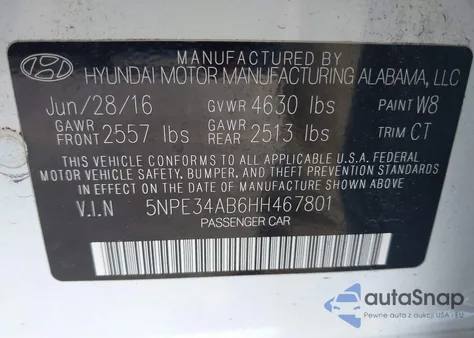 2017 Hyundai Sonata Limited 2.0T z USA, uszkodzony, nr VIN 5NPE34AB6HH467801